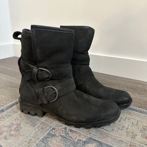 Sorel Black Leather Moto Sherling Lined Boot Sz 7.5